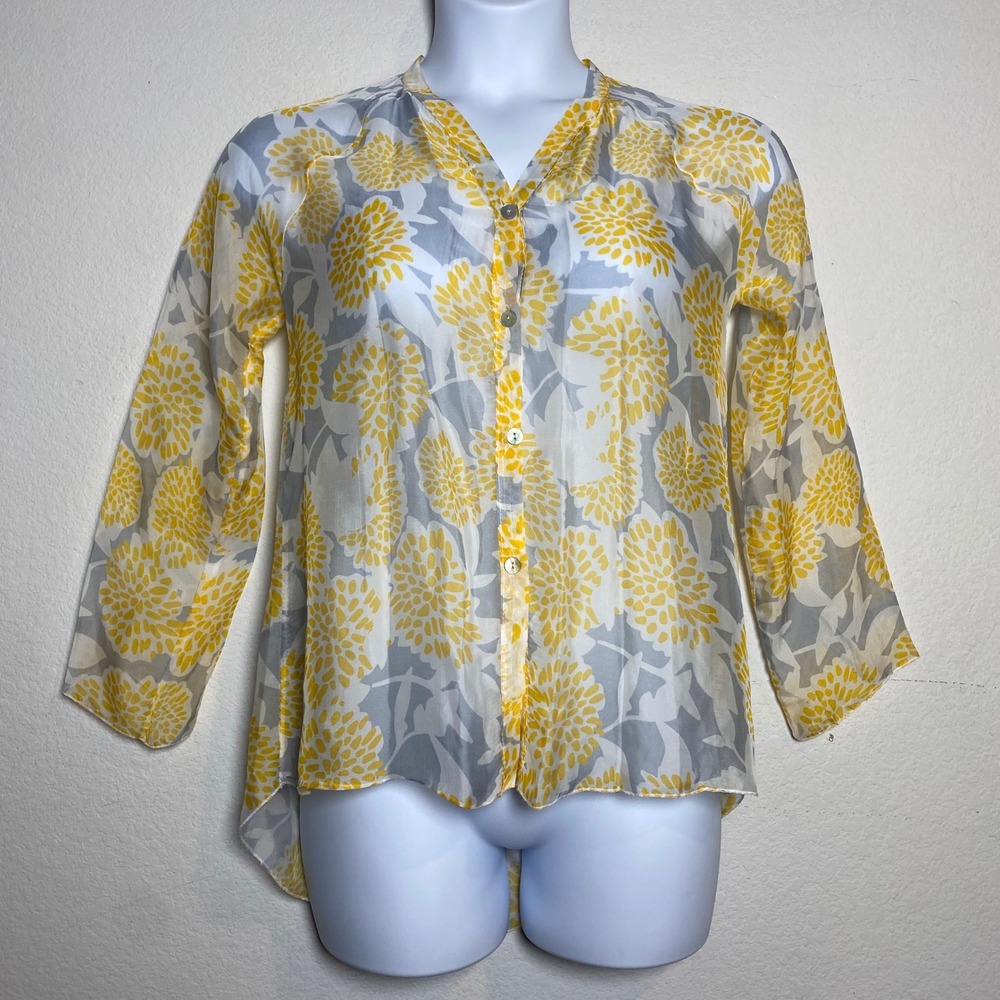 M Button Down Blouse Medium Yellow Floral Womens Boho Silk Blend Sheer Italy NWT